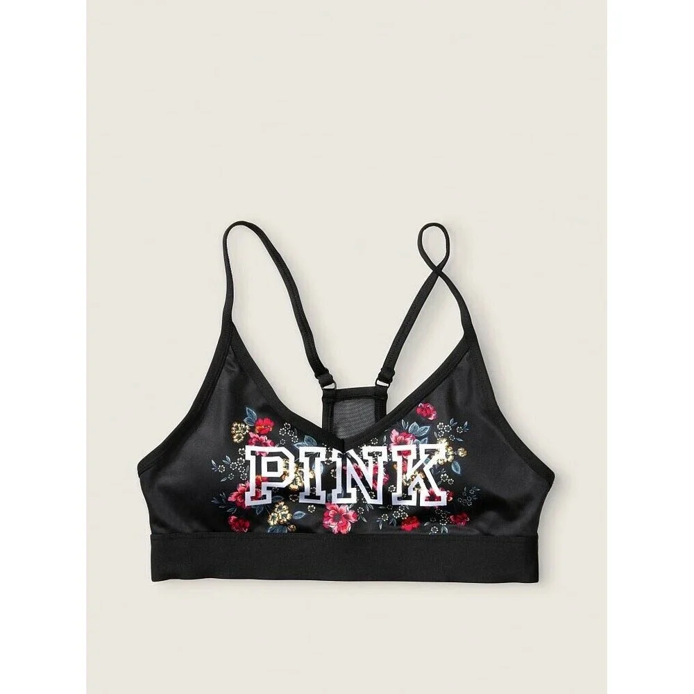 Vs Victorias Secret Pink Ultimate Lightly Lined Sports Bra Top Black Floral L - Picture 3 of 5